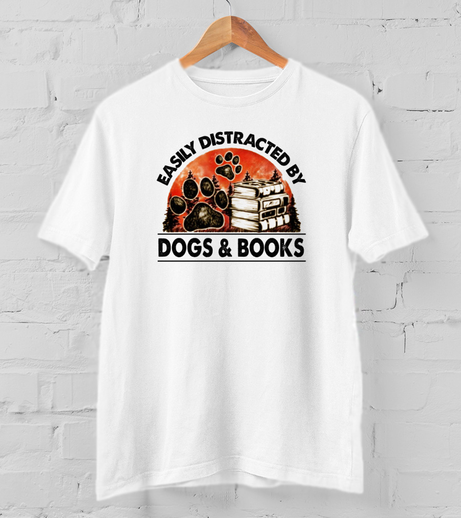 Easily Distracted By Dogs And Books Paw Print Stack T-Shirt