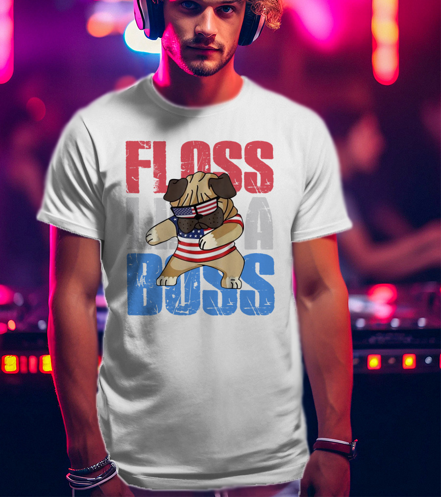 Floss Like A Boss American Flag Bulldog With Sunglasses T-Shirt