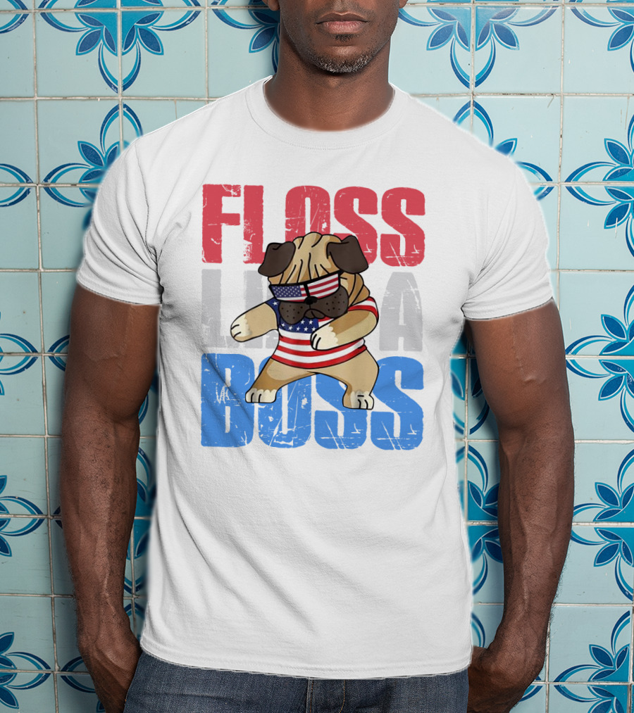 Floss Like A Boss American Flag Bulldog With Sunglasses T-Shirt