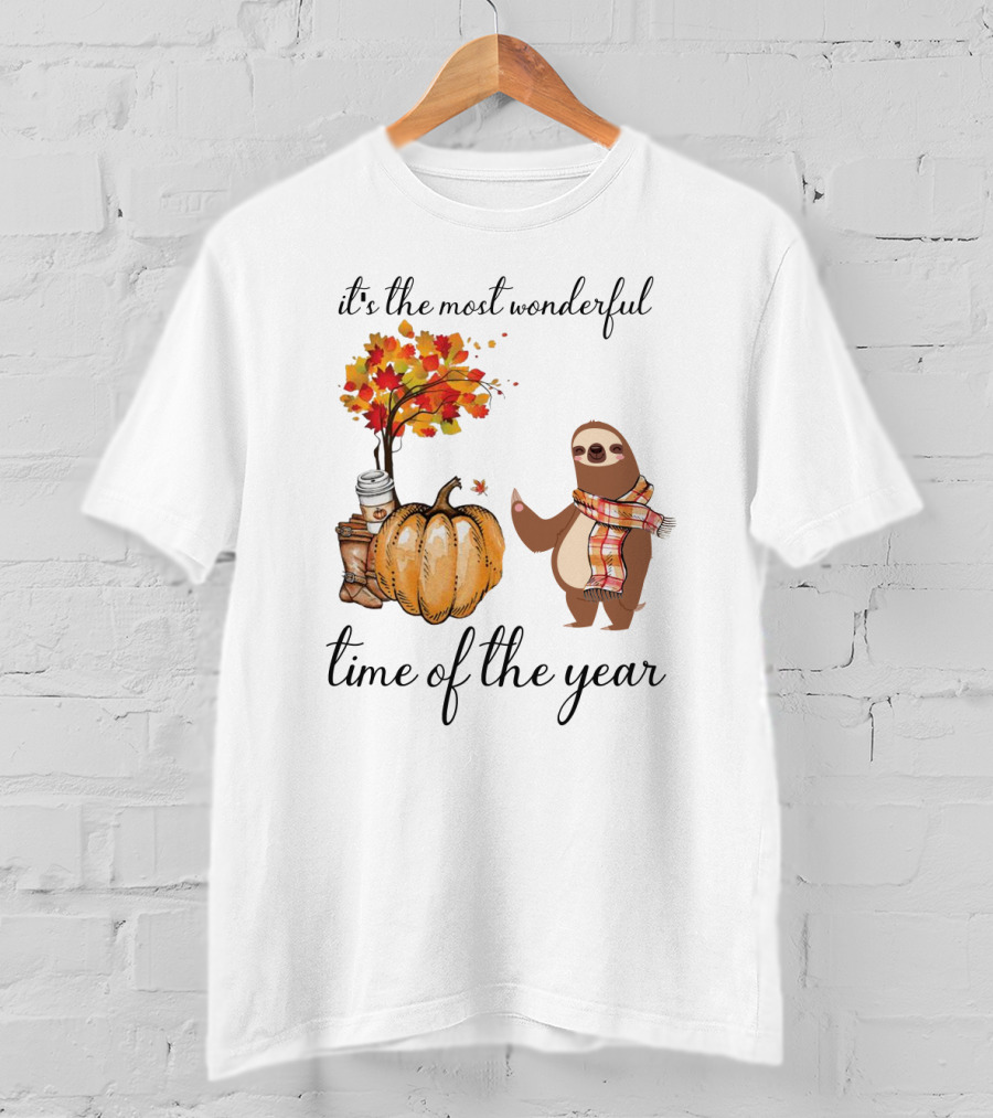 It's The Most Wonderful Time Of The Year Sloths Pumpkin Coffee Leaves Fall T-Shirt