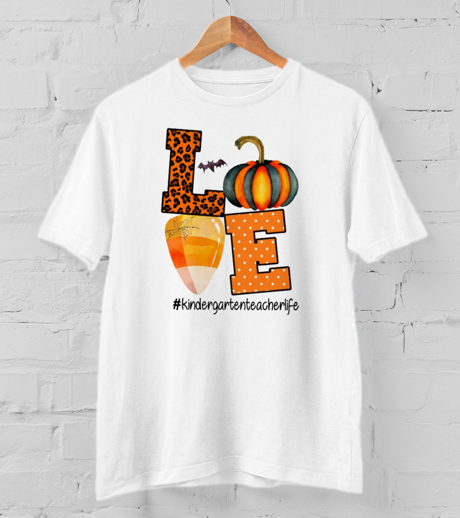 Love Kindergarten Teacher Life Halloween Pumpkin Candy Corn Leopard Print T-Shirt