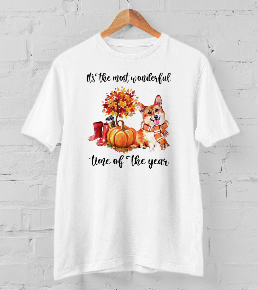 It's The Most Wonderful Time Of The Year Corgi Dog Autumn Leaves Scarf Pumpkins And Boots T-Shirt