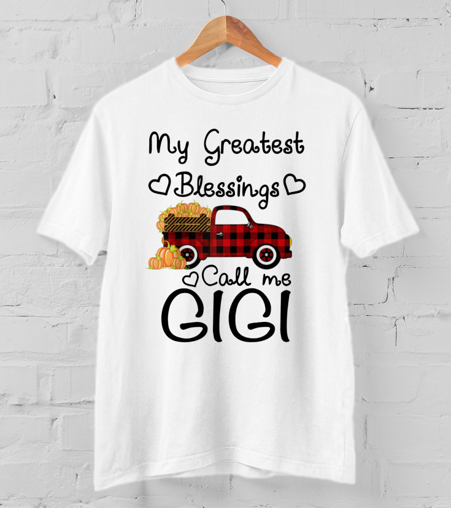 My Greatest Blessings Call Me Gigi Red Plaid Truck With Pumpkins T-Shirt