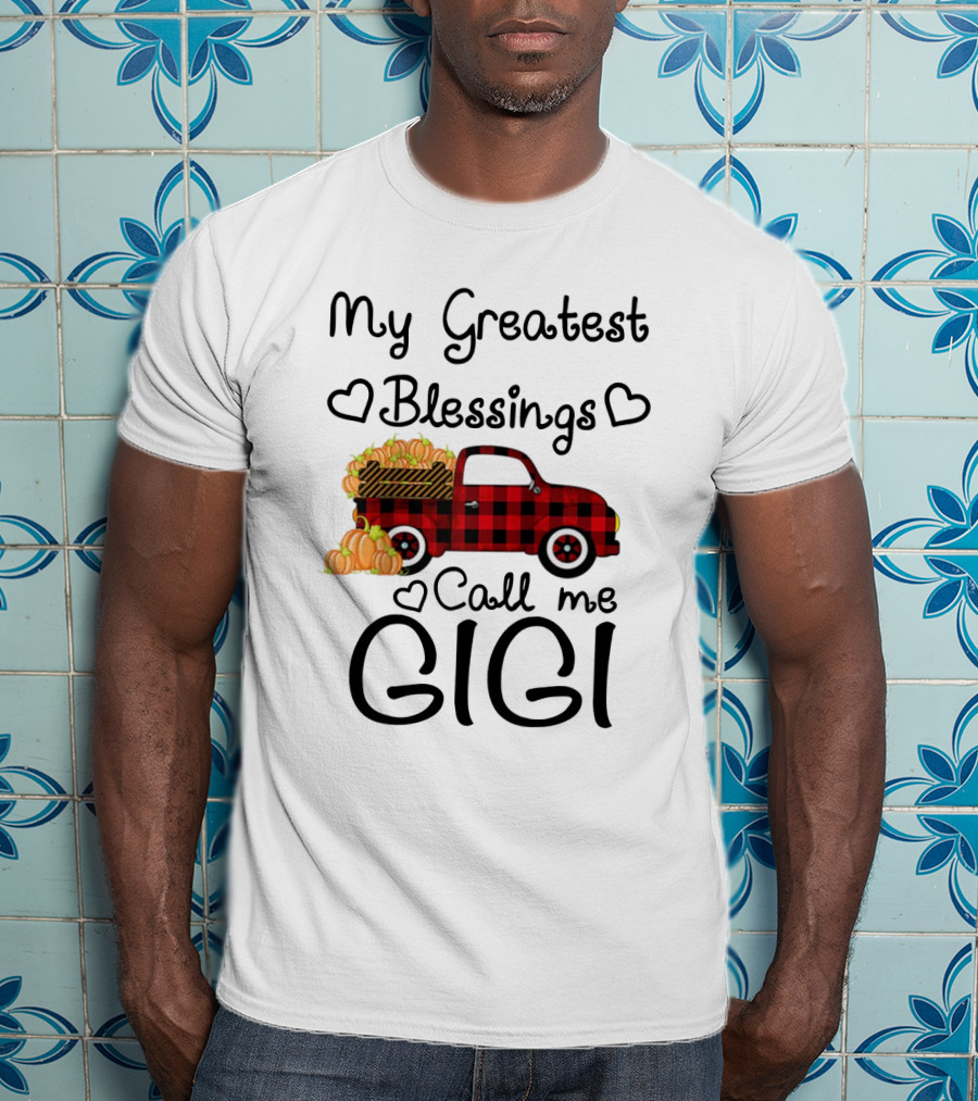 My Greatest Blessings Call Me Gigi Red Plaid Truck With Pumpkins T-Shirt