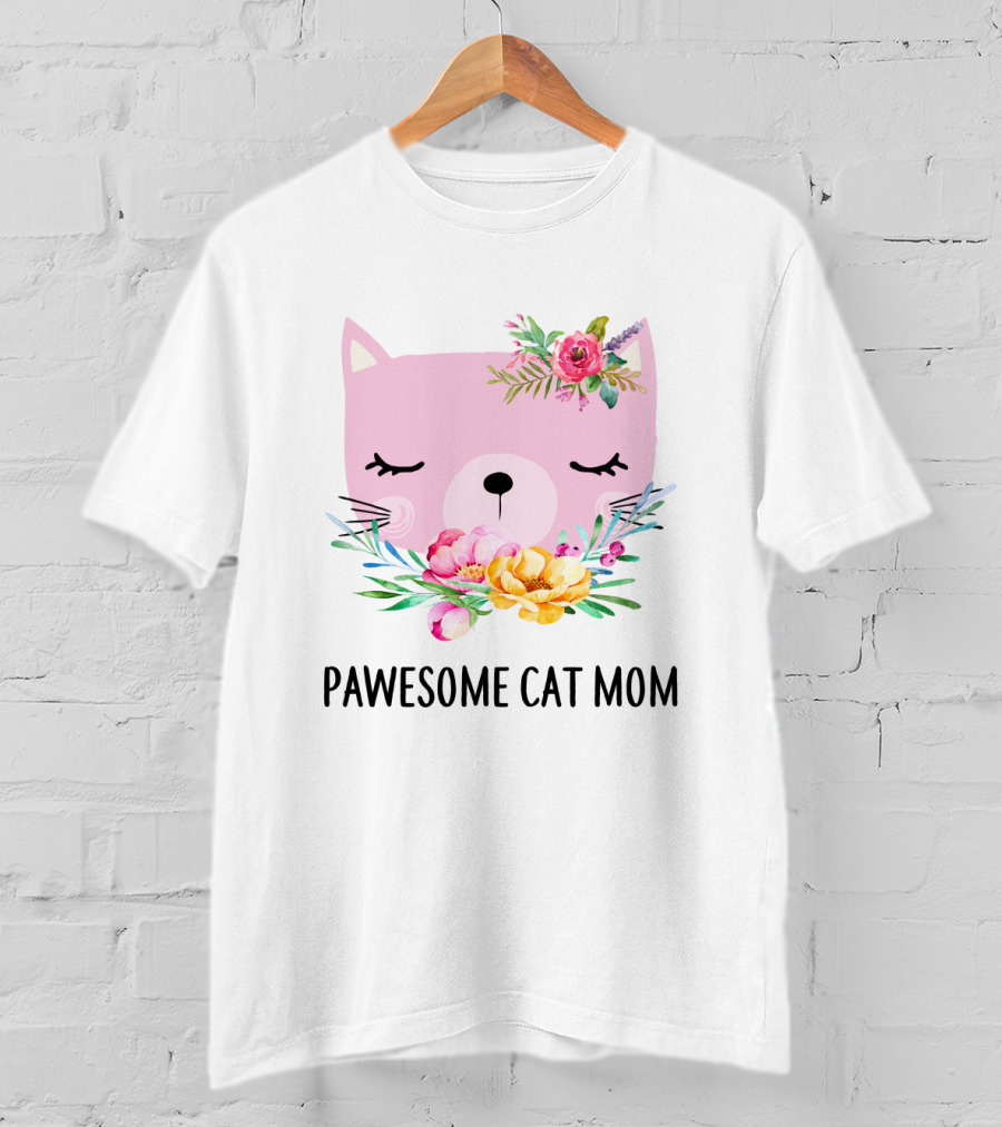 Pawesome Cat Mom Floral Pink Face T-Shirt