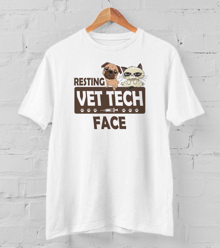 Resting Vet Tech Face Pug Cat Paw Syringe T-Shirt