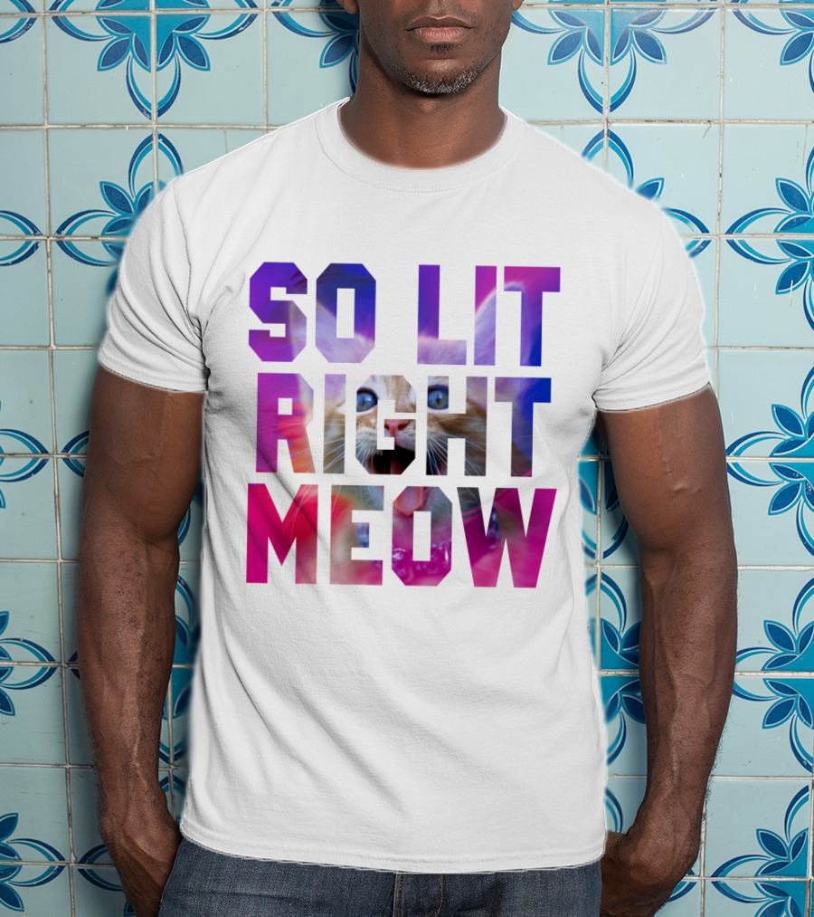 SO LIT RIGHT MEOW Cat Typography T-Shirt