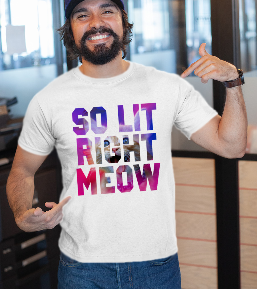 SO LIT RIGHT MEOW Cat Typography T-Shirt