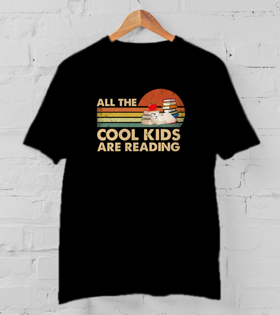All The Cool Kids Are Reading Books Stack And Apple T-Shirt