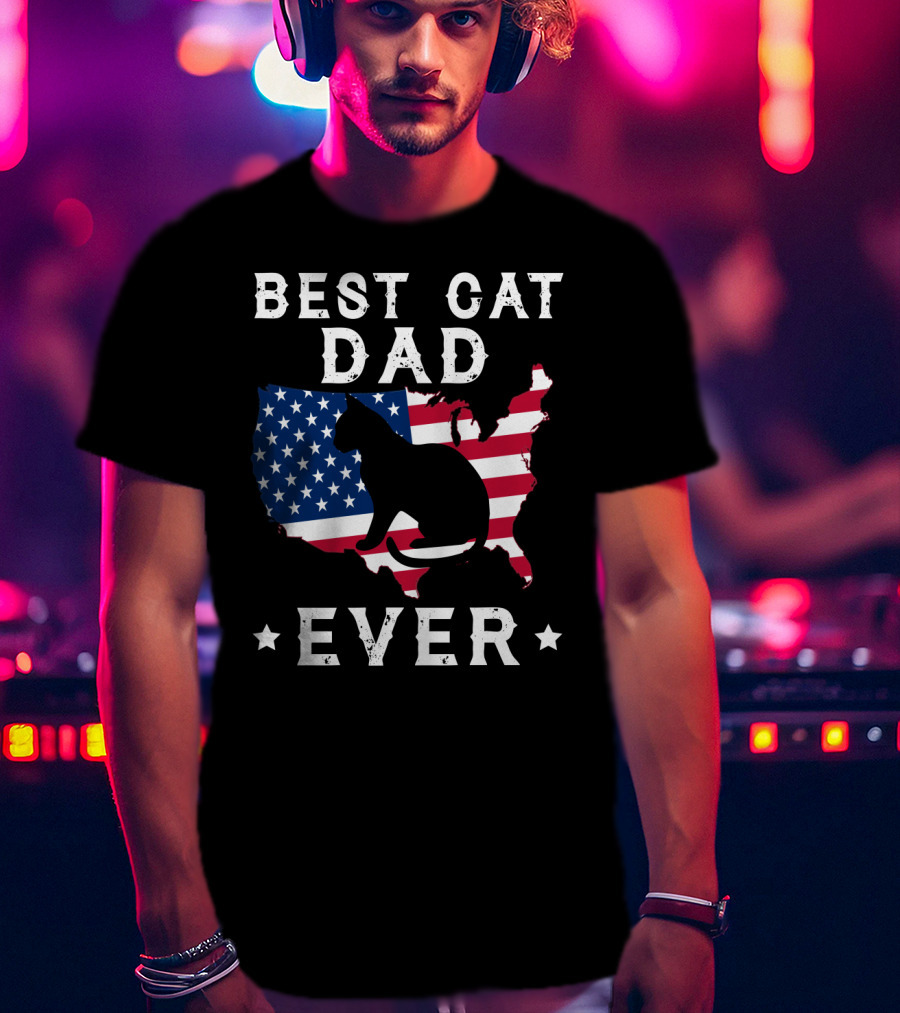 Best Cat Dad Ever USA Flag Cat T-Shirt