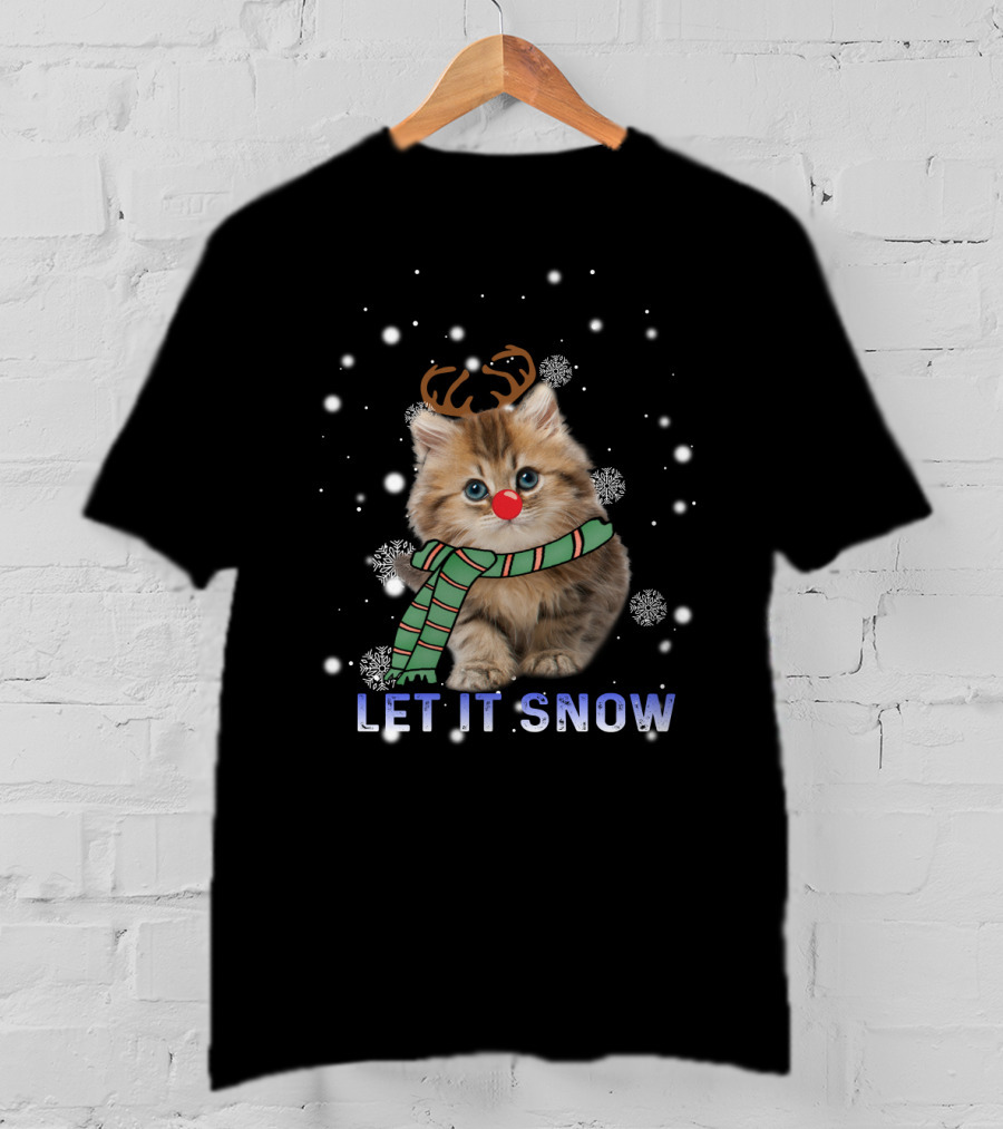 Cat Rudolph Reindeer Antlers Merry Christmas Let It Snow T-Shirt