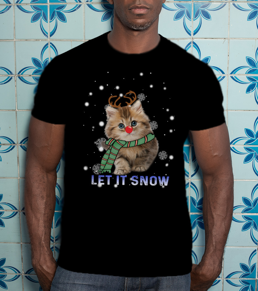Cat Rudolph Reindeer Antlers Merry Christmas Let It Snow T-Shirt
