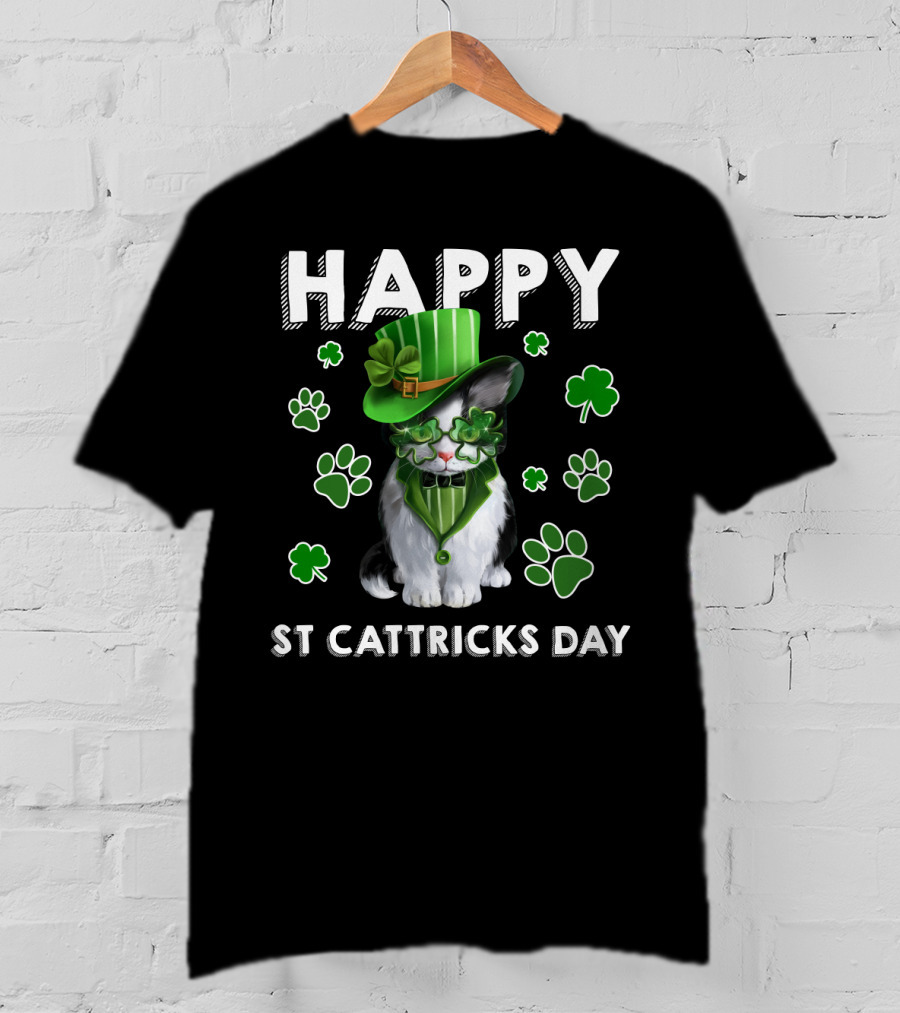 Happy St Cattrick's Day Funny Cats Shamrock T-Shirt