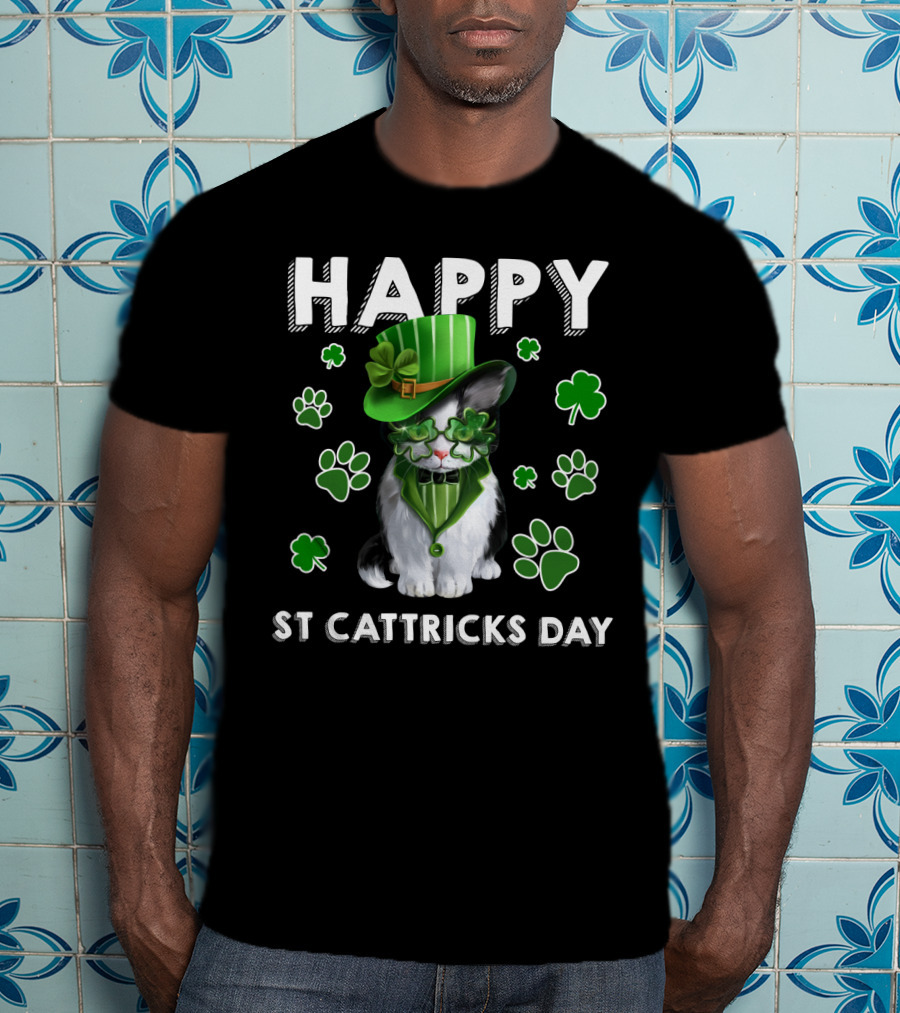 Happy St Cattrick's Day Funny Cats Shamrock T-Shirt