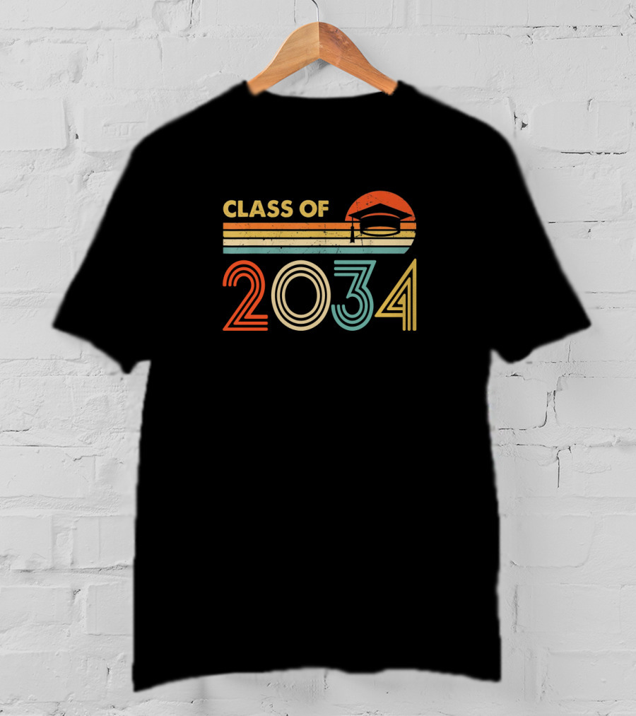 Class Of 2034 Retro Graduation Cap And Stripes T-Shirt