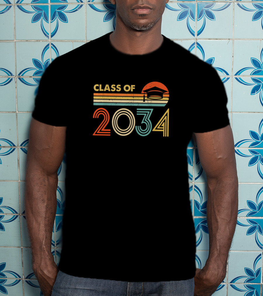 Class Of 2034 Retro Graduation Cap And Stripes T-Shirt