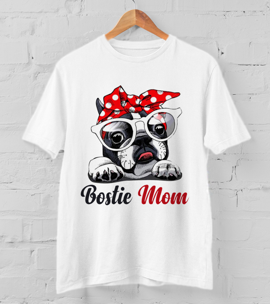 Bostie Mom Glasses And Red Polka Dot Headband Dog T-Shirt