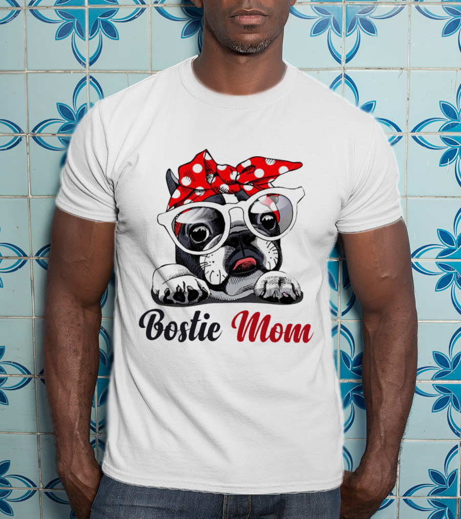 Bostie Mom Glasses And Red Polka Dot Headband Dog T-Shirt