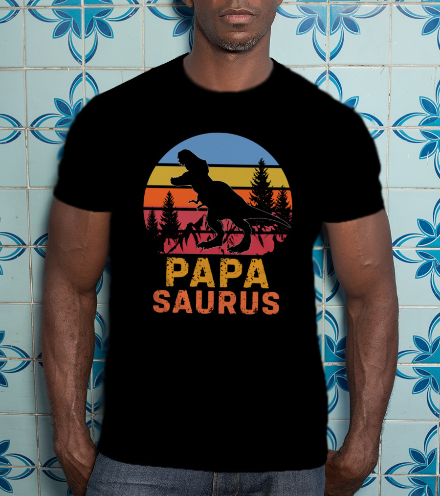 PAPA SAURUS Rex Dinosaur Silhouette Vintage Sunset T-Shirt