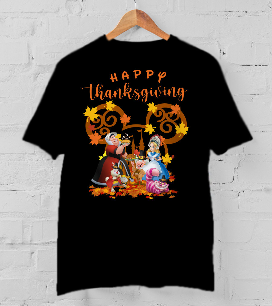 Happy Thanksgiving Alice Queen Mad Hatter Cheshire Cat Leaves T-Shirt
