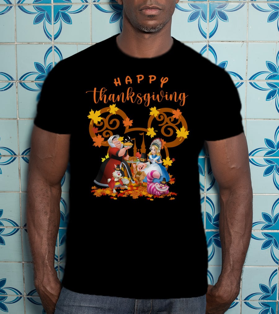 Happy Thanksgiving Alice Queen Mad Hatter Cheshire Cat Leaves T-Shirt