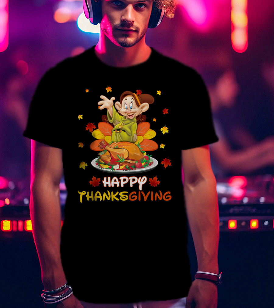 Dopey Happy Thanksgiving With Turkey And Autumn Leaves T-Shirt