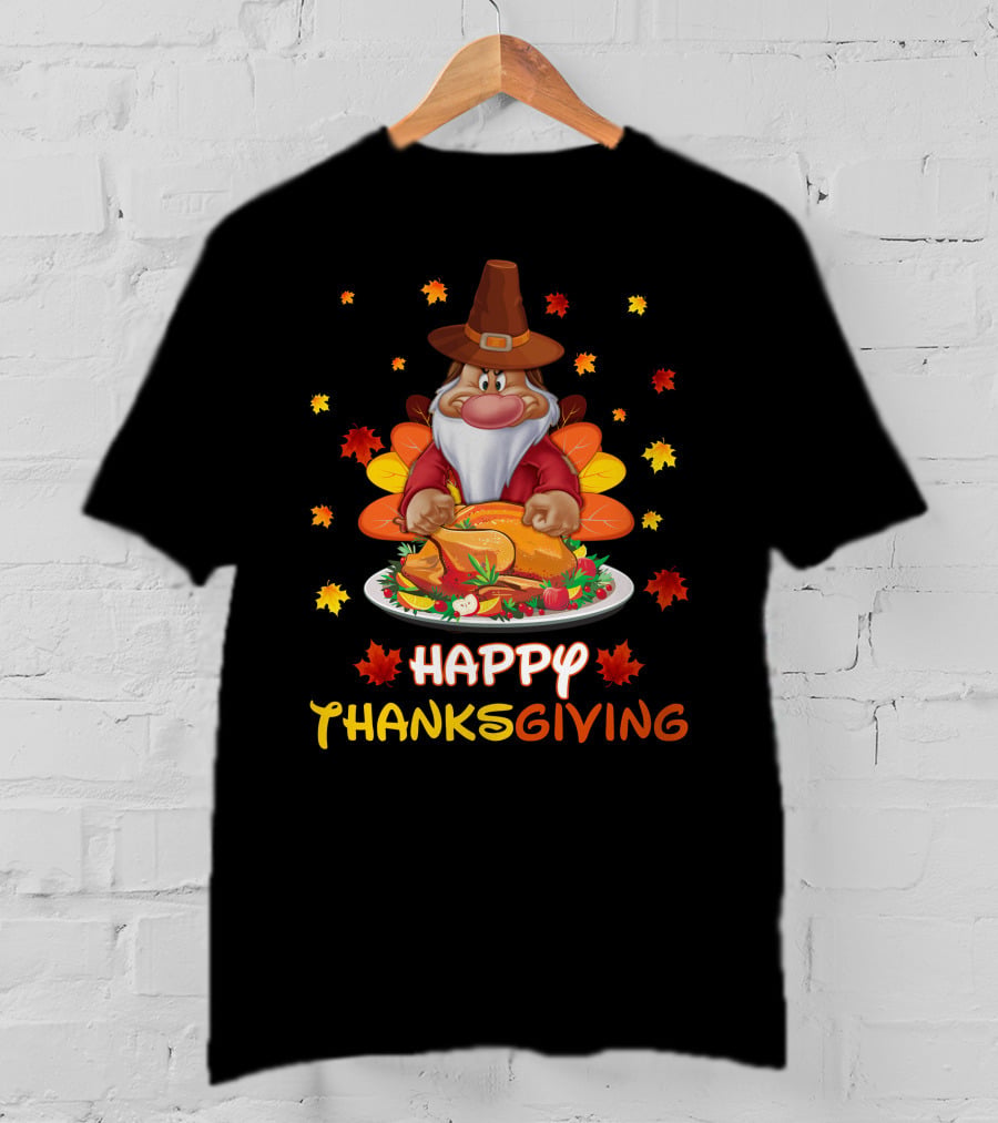 Happy Thanksgiving Grumpy Dwarf Pilgrim With Feast And Fall Leaves T-Shirt