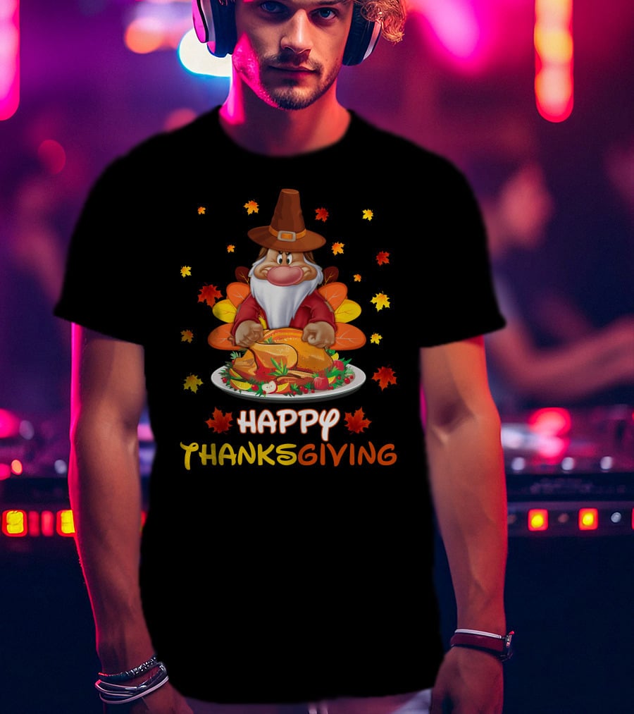 Happy Thanksgiving Grumpy Dwarf Pilgrim With Feast And Fall Leaves T-Shirt