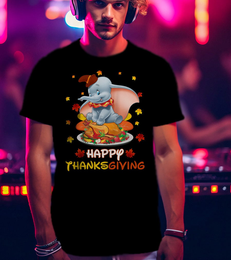 Happy Thanksgiving Dumbo Turkey Autumn Leaves T-Shirt
