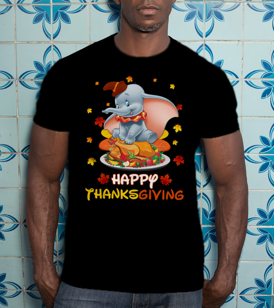 Happy Thanksgiving Dumbo Turkey Autumn Leaves T-Shirt