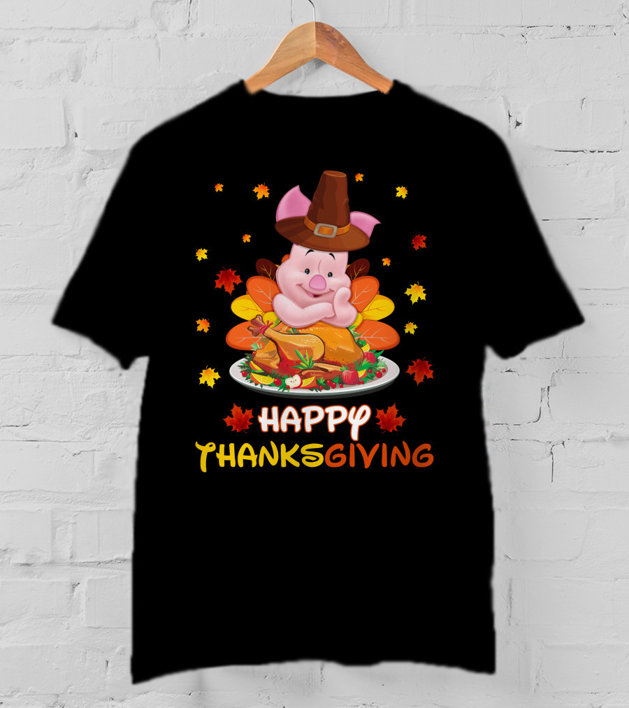 Happy Thanksgiving Piglet Feast With Autumn Leaves And Pilgrim Hat T-Shirt