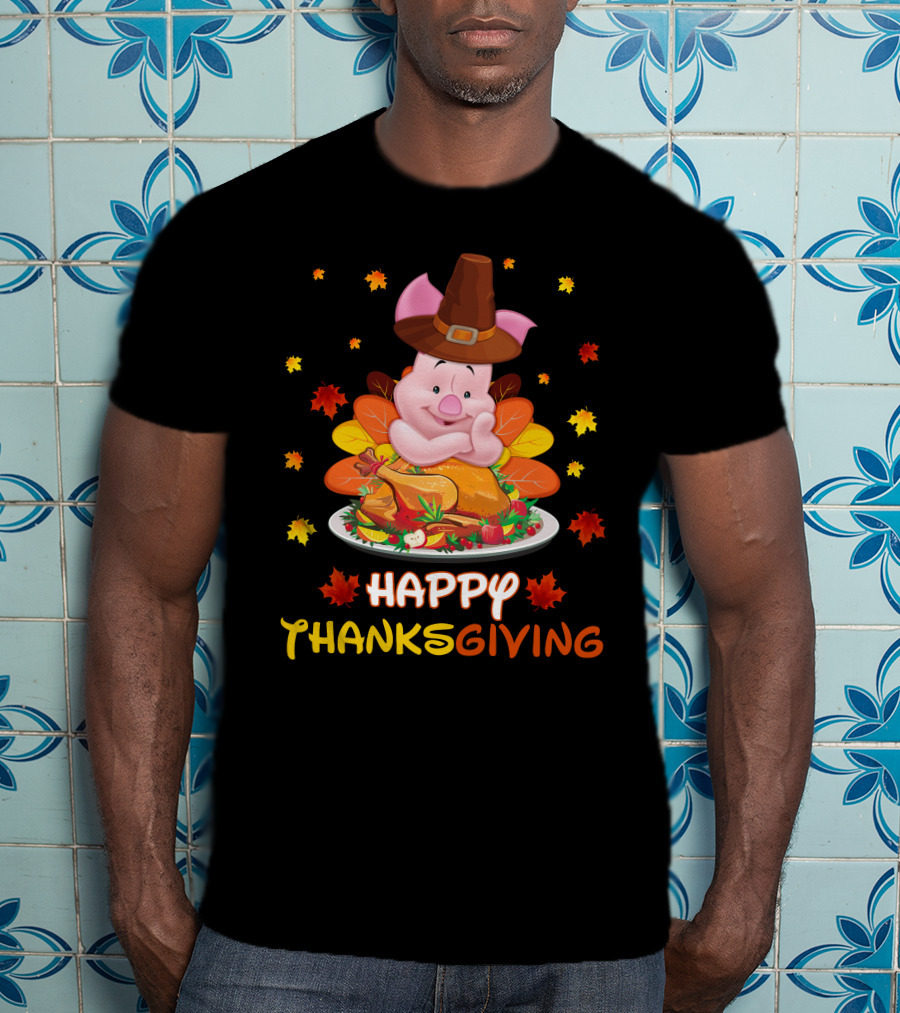 Happy Thanksgiving Piglet Feast With Autumn Leaves And Pilgrim Hat T-Shirt