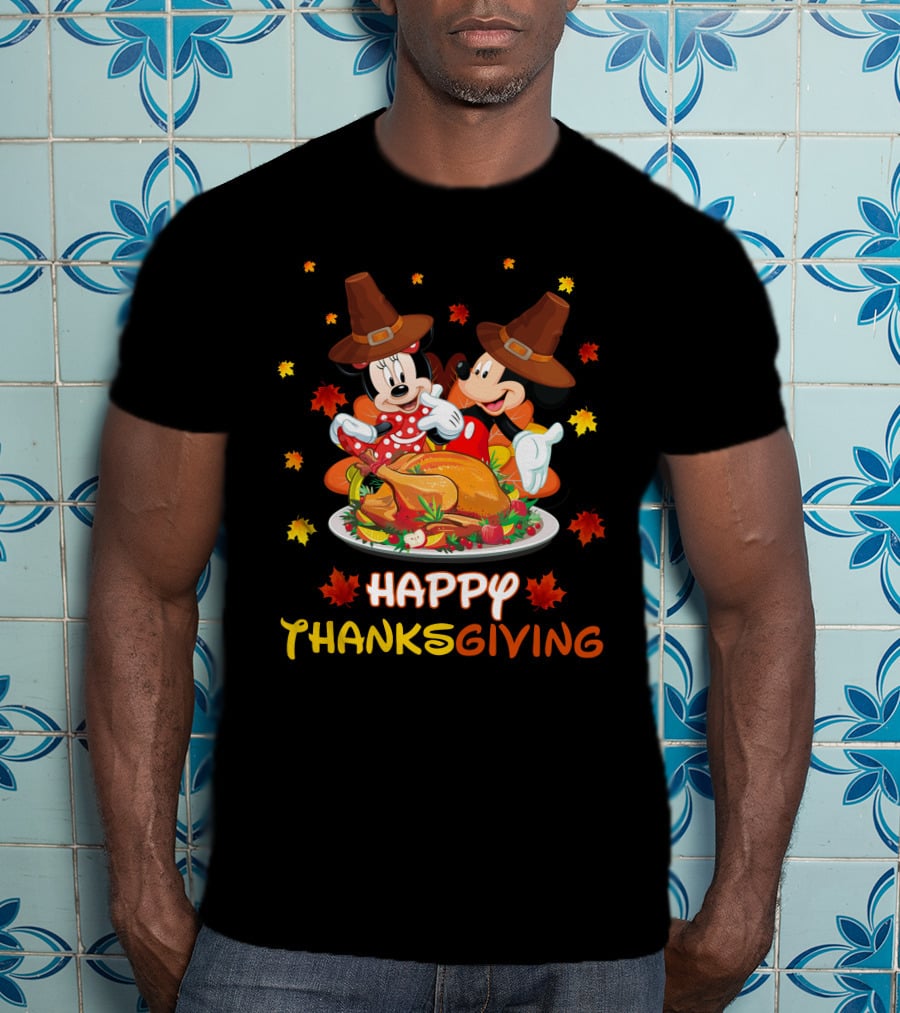 Happy Thanksgiving Mickey And Minnie Turkey Feast T-Shirt