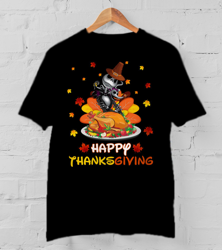 Happy Thanksgiving Skeleton With Turkey And Autumn Leaves T-Shirt