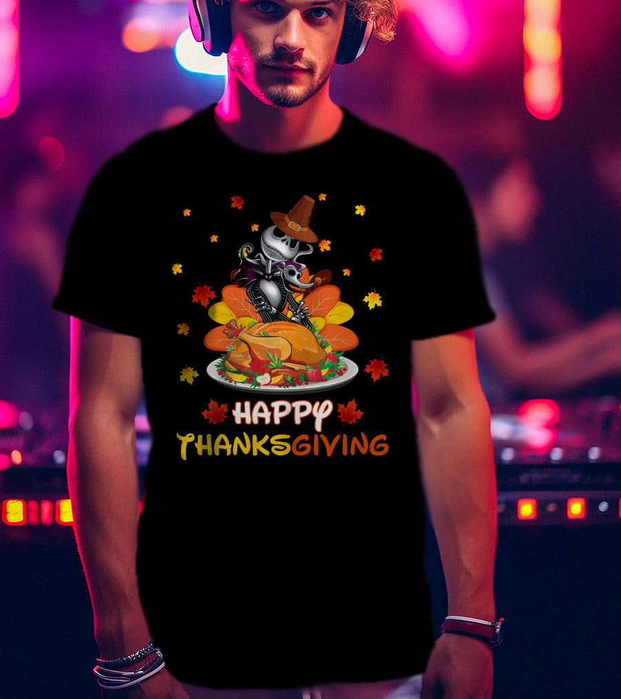Happy Thanksgiving Skeleton With Turkey And Autumn Leaves T-Shirt