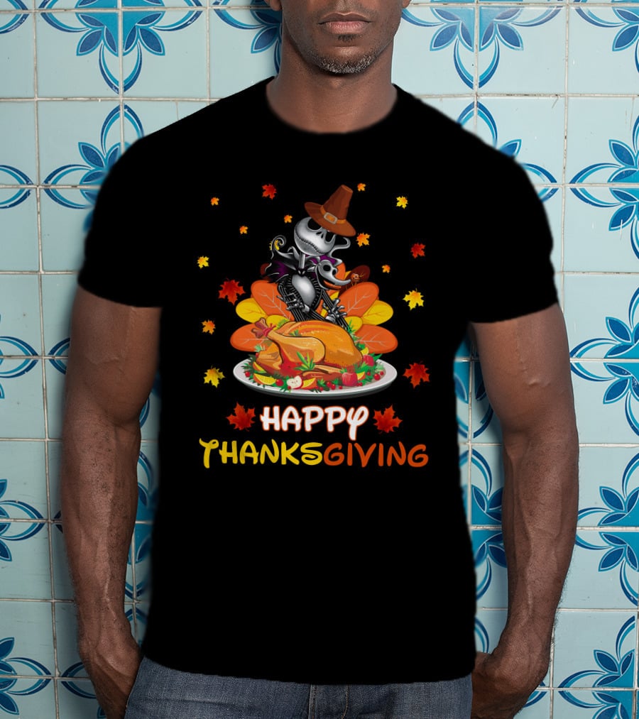 Happy Thanksgiving Skeleton With Turkey And Autumn Leaves T-Shirt