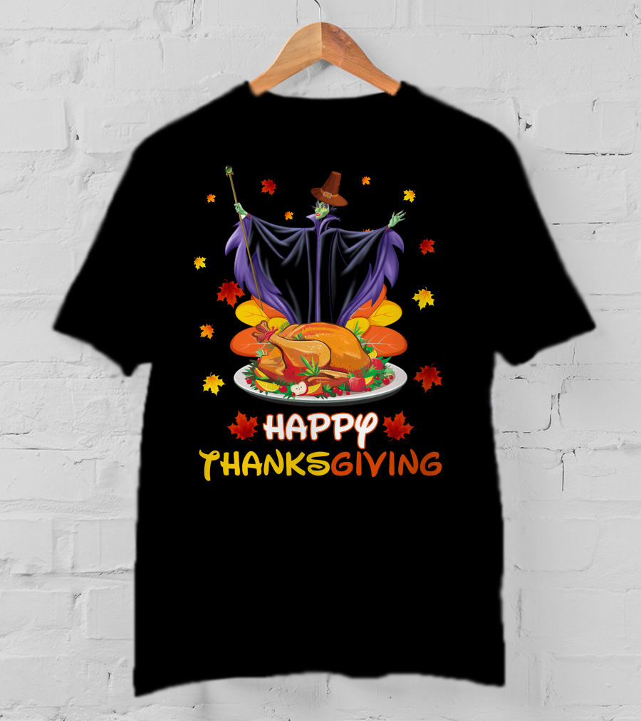 Happy Thanksgiving Maleficent Turkey Feast Magic Leaves T-Shirt