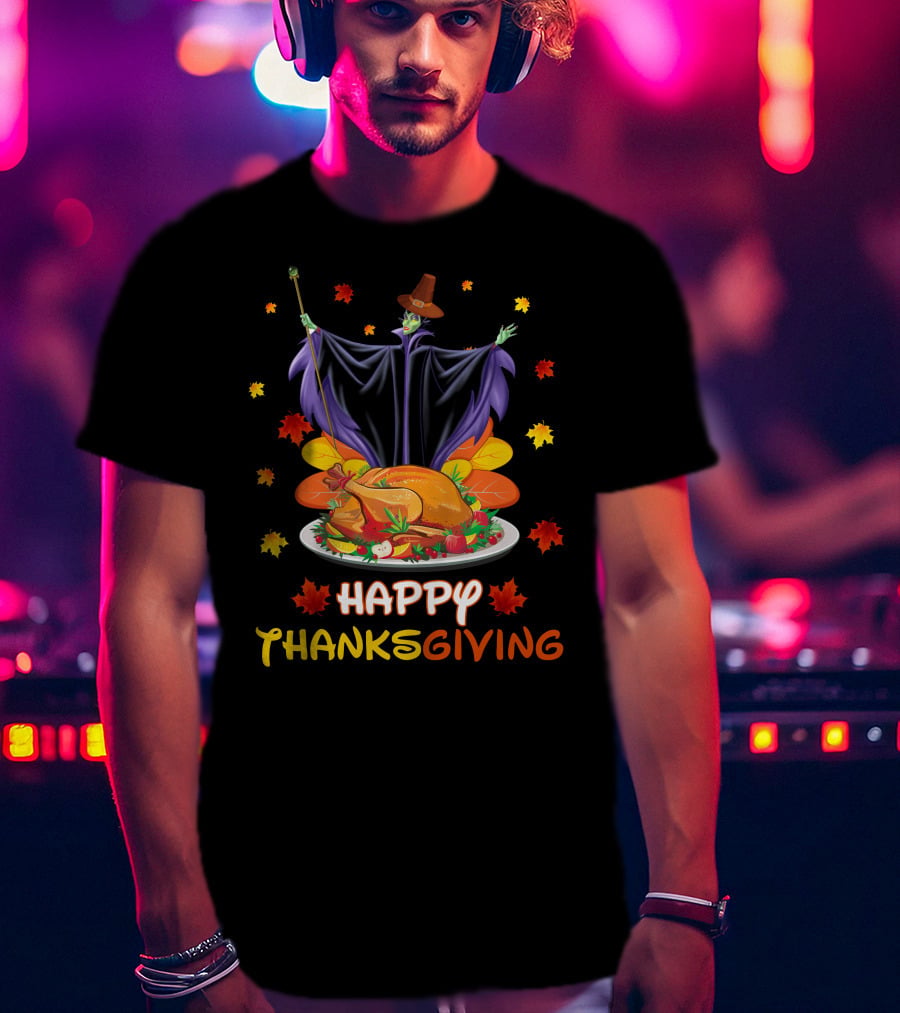 Happy Thanksgiving Maleficent Turkey Feast Magic Leaves T-Shirt