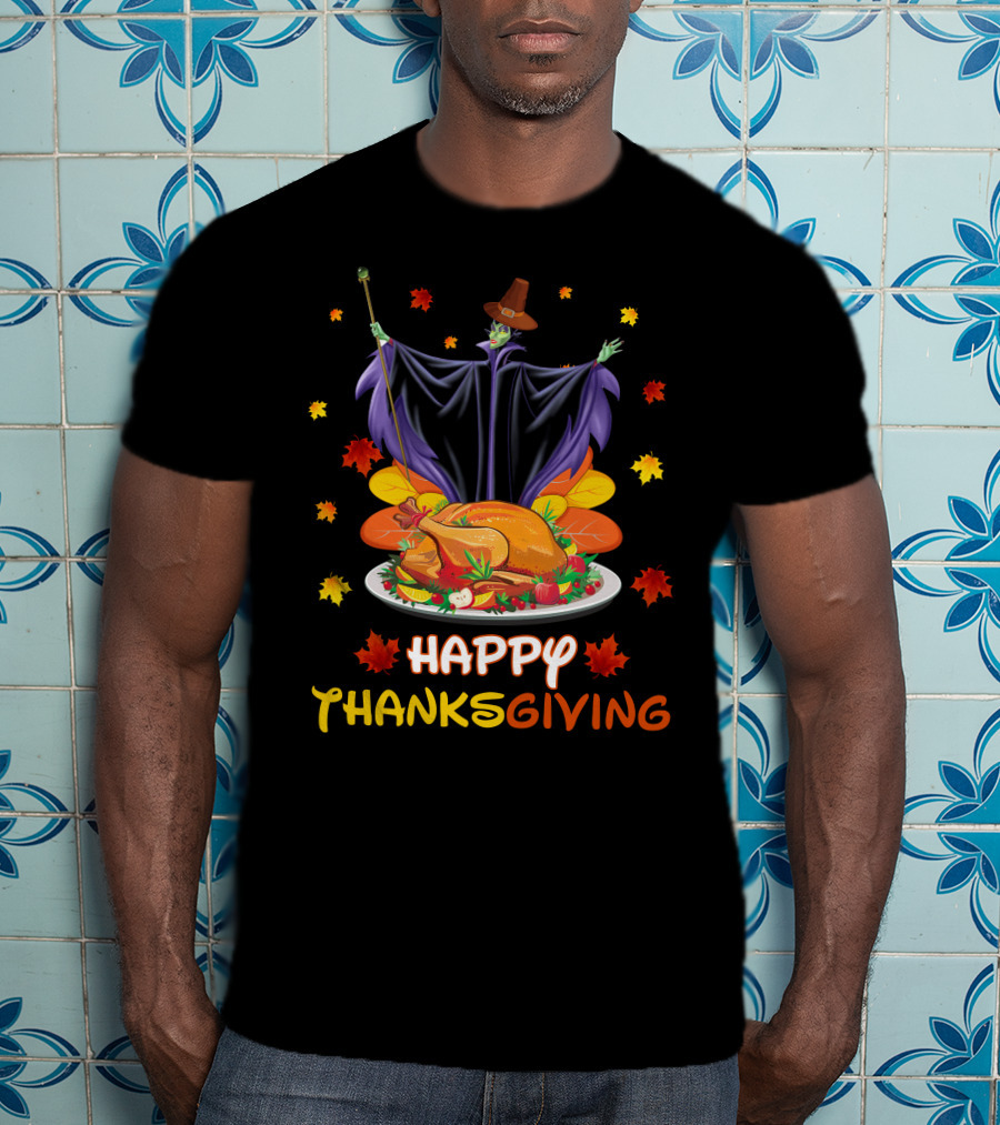 Happy Thanksgiving Maleficent Turkey Feast Magic Leaves T-Shirt
