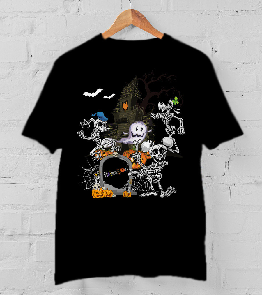 Haunted House Skeleton Dance With Ghost Webs Pumpkins And Bats Halloween T-Shirt