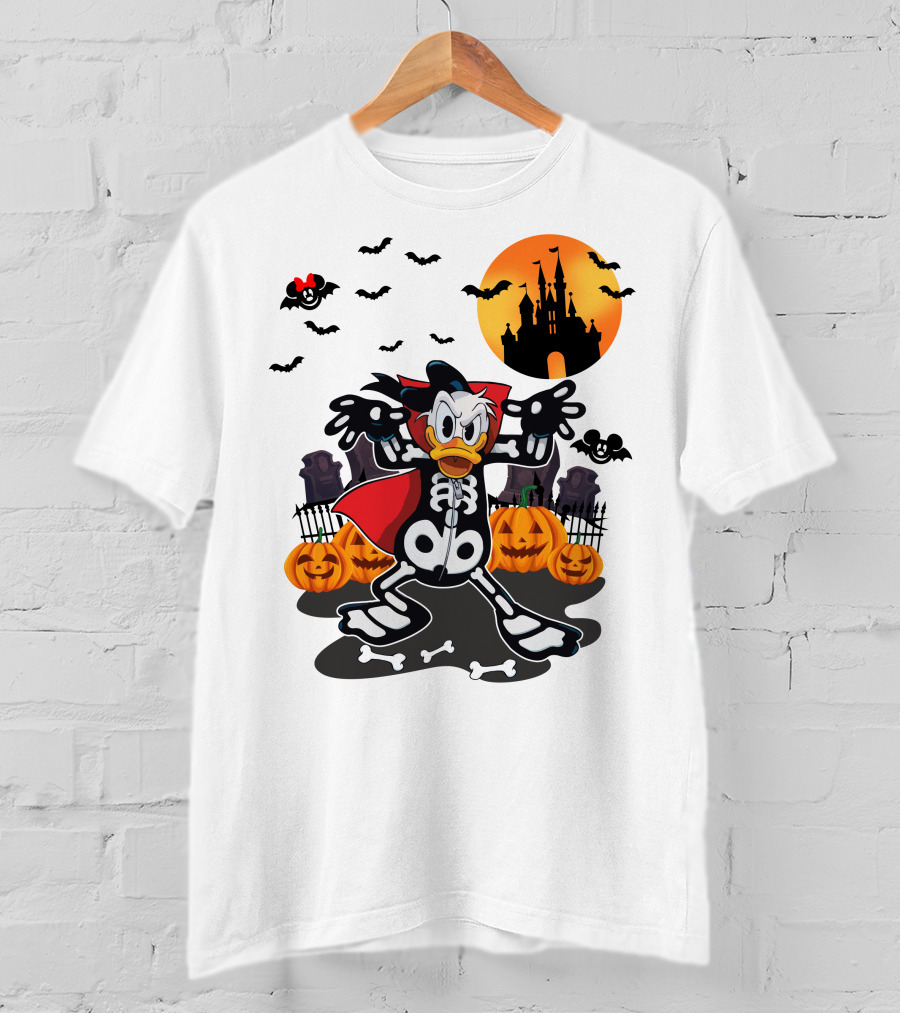 Donald Duck Halloween Skeleton Costume With Bats And Castle T-Shirt