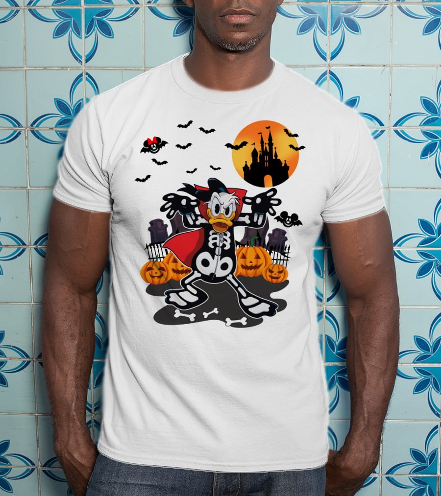 Donald Duck Halloween Skeleton Costume With Bats And Castle T-Shirt
