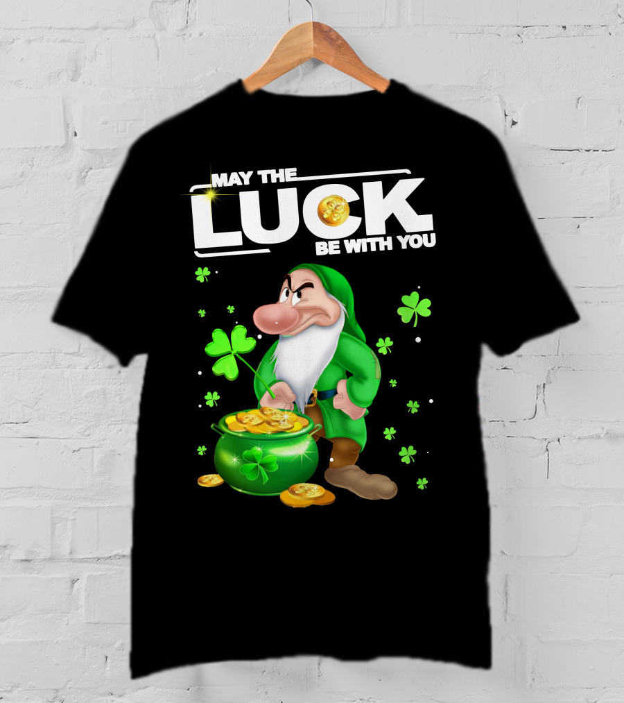 MAY THE LUCK BE WITH YOU Grumpy Gnome With Coins And Clovers T-Shirt