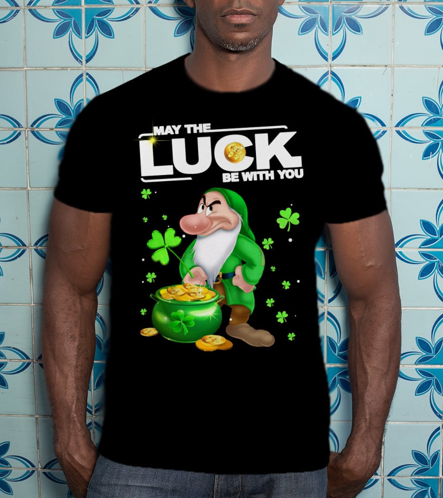 MAY THE LUCK BE WITH YOU Grumpy Gnome With Coins And Clovers T-Shirt