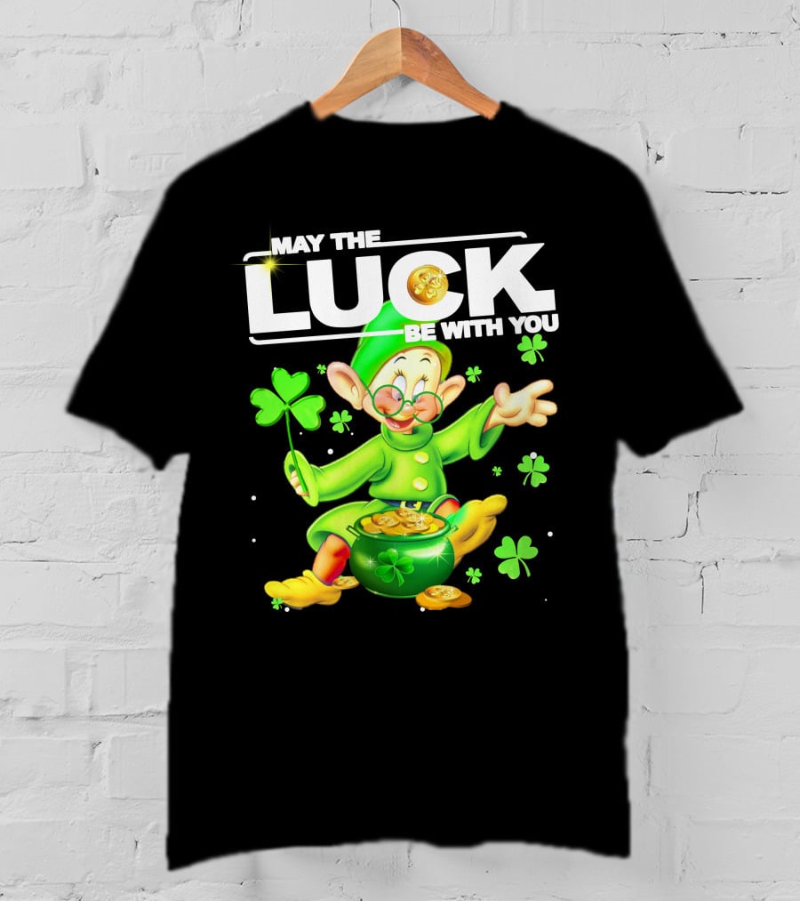 MAY THE LUCK BE WITH YOU Green Leprechaun With Gold Coins And Shamrocks T-Shirt