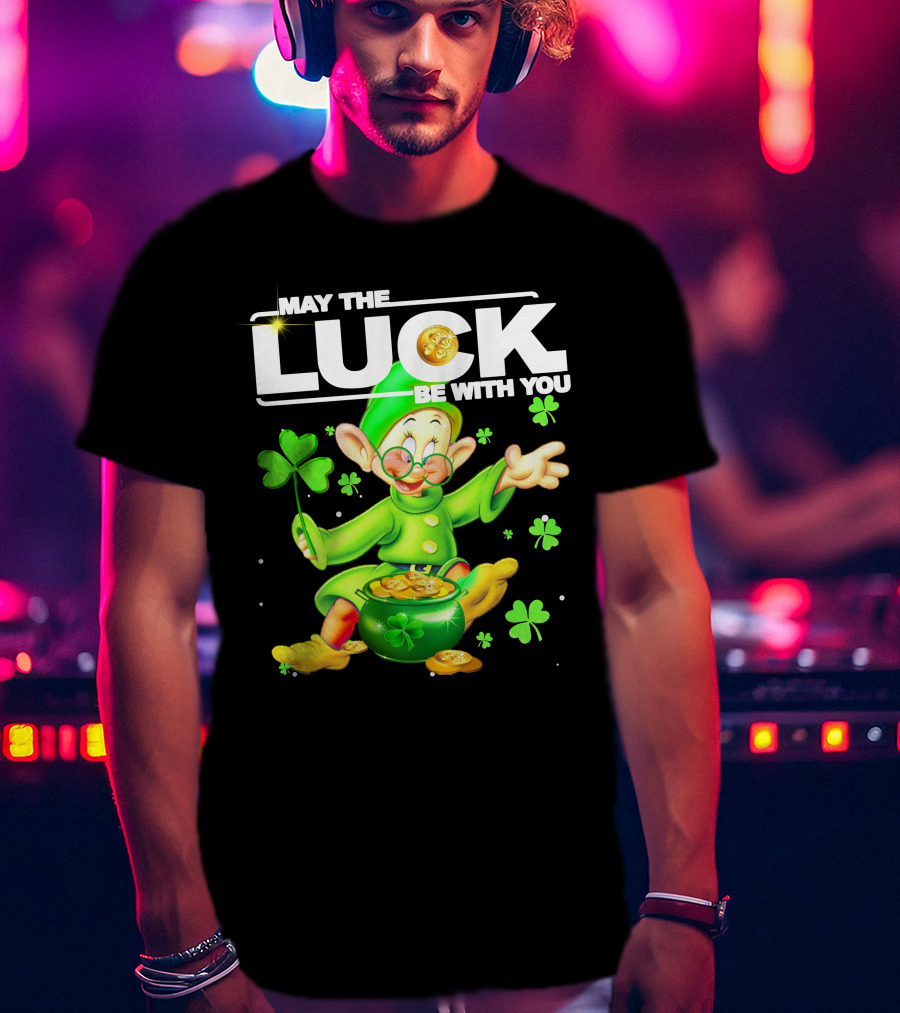 MAY THE LUCK BE WITH YOU Green Leprechaun With Gold Coins And Shamrocks T-Shirt