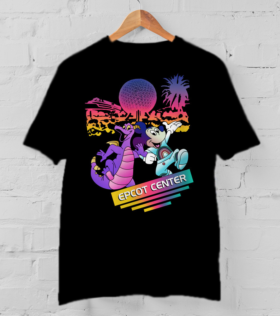 EPCOT CENTER Figment And Mickey Spaceship Earth Retro Spectrum Colors T-Shirt