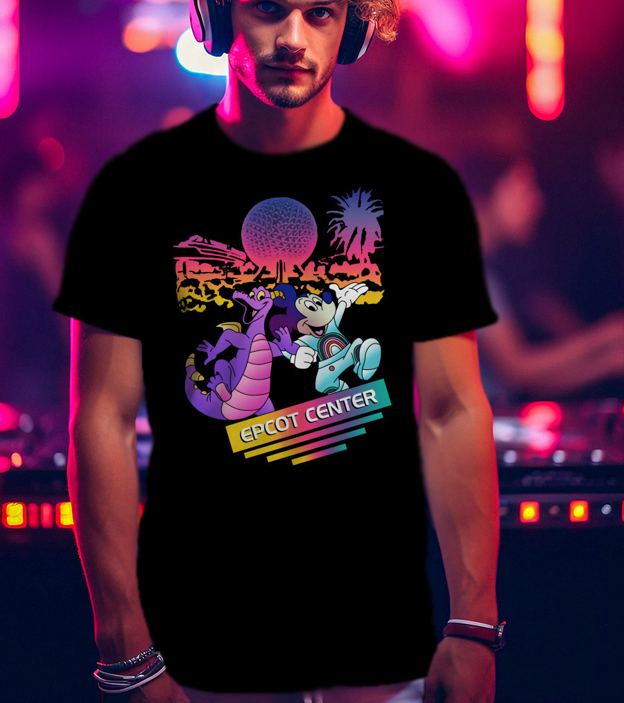 EPCOT CENTER Figment And Mickey Spaceship Earth Retro Spectrum Colors T-Shirt