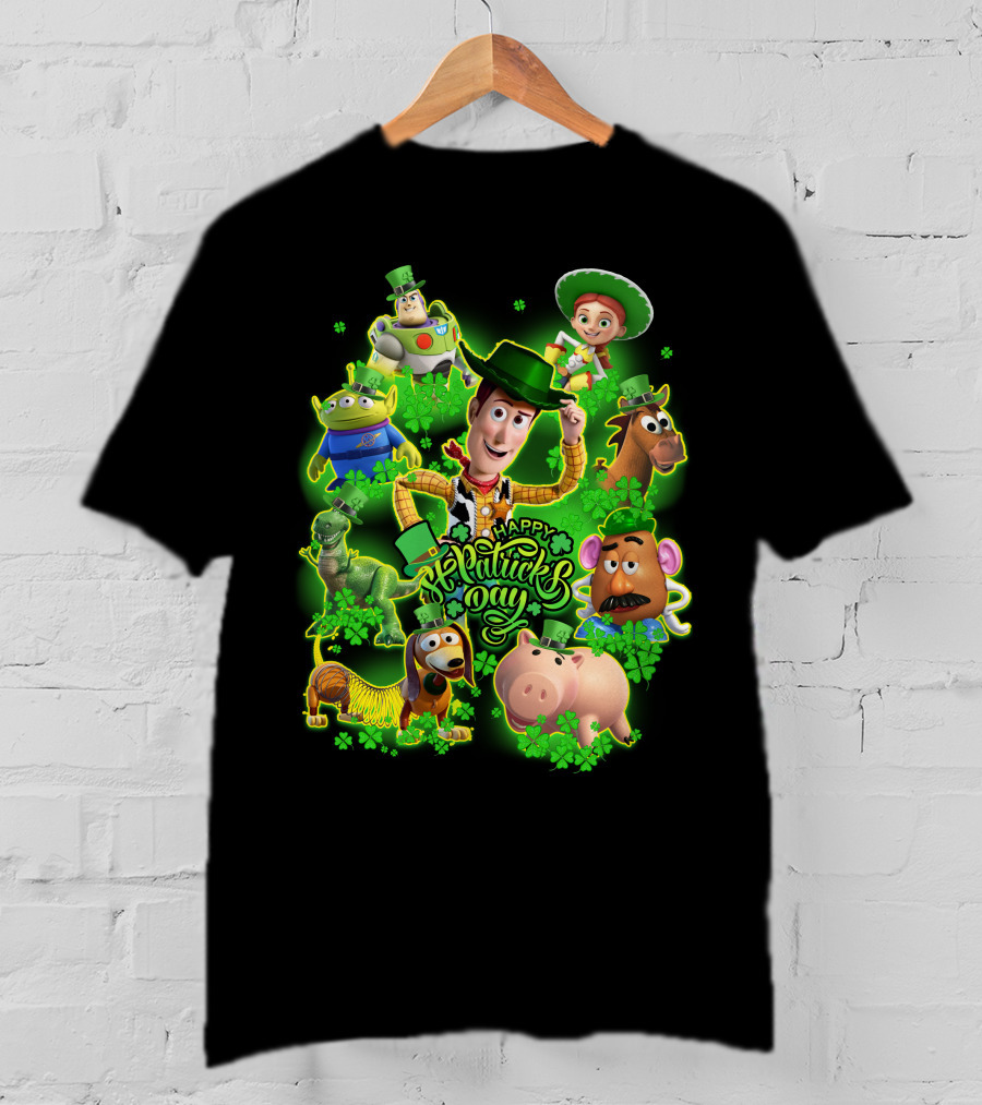 Happy St. Patrick's Day Toy Story Characters In Green Outfits With Shamrocks T-Shirt