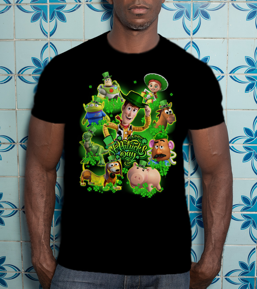 Happy St. Patrick's Day Toy Story Characters In Green Outfits With Shamrocks T-Shirt